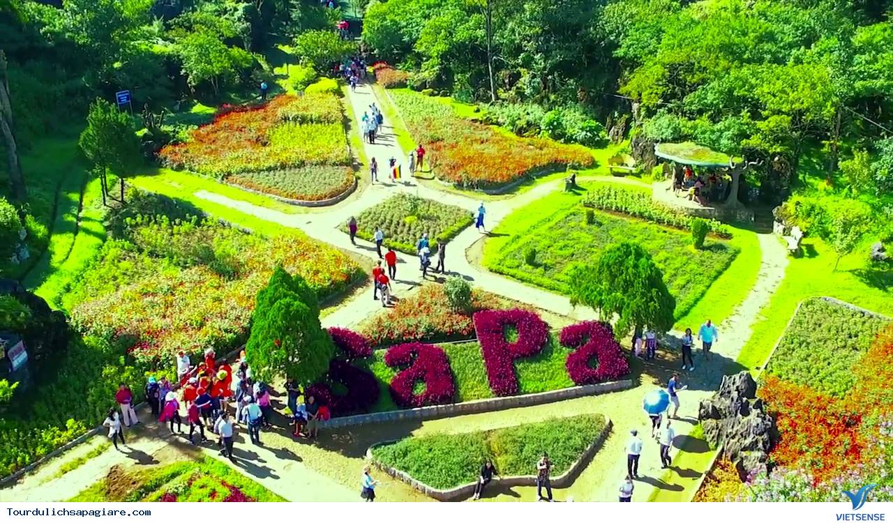 The landscaping is immaculate, with winding paths, neatly trimmed hedges, and flower beds arranged around a green sculpture spelling out &ldquo;SAPA&rdquo;